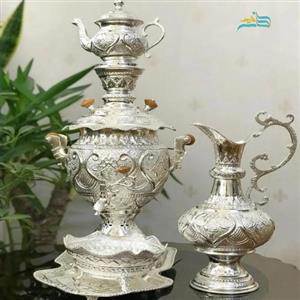 سرویس سماور برنجی ٤ لیتری، آبکاری نقره قلمزنی اعلاء اثر استاد رحمتی