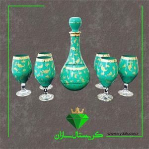 تنگ و جام ۷ پارچه مدل برگ زرین رنگ سبز کلاسیک کریستال سازان کد J1311