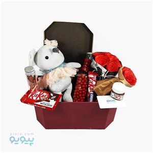 کادوی آماده ولنتاین با عروسک موش دامن توری جعبه طوسی هشت گوش