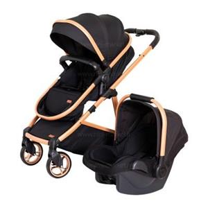 ست کالسکه برند Prava مدل متال رنگ مشکی بدنه گلد کروم Stroller Set Black Metal Model Gold Chrome body brand 