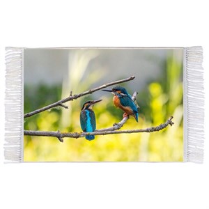 فرش ماشینی دیوارکوب اطلس آبی طرح پرنده و گنجشک روی شاخه درخت مدل T1665