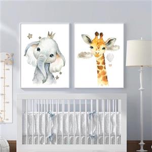 تابلو اتاق کودک و نوزاد الفاپ مدل زرافه و فیل کد Watercolore Animals 002 مجموعه 2 عددی