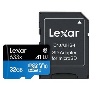 کارت حافظه‌ microSDHC لکسار مدل Blue Series کلاس 10 استاندارد UHS-I U1 سرعت 100MBps 633X همراه با آداپتور SD ظرفیت 32 گیگابایت 