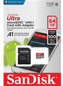 کارت حافظه microSDXC سن دیسک مدل Ultra  کلاس10 و A1 استاندارد UHS-I U1 سرعت 100MBps 667X همراه با آداپتور SD ظرفیت 64 گیگابایت Sandisk Ultra UHS-I U1 Class 10 And A1 100MBps 667X microSDXC With Adapter 64GB