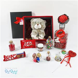 جعبه کادو آماده ولنتاین با عروسک خرس پنبه ای لاکچری