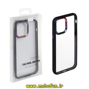 قاب گوشی iPhone 12 Pro Max آیفون طرح پشت طلق شفاف دور سیلیکونی اورجینال فلزی متال کیس Metal Case برند یونیک کیس Unique Case مشکی هفت رنگ کد 170 