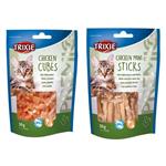 تشویقی گربه تریکسی مدل chicken cubes و chicken mini sticks وزن 50 گرم مجموعه دو عددی