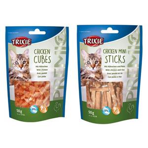 تشویقی گربه تریکسی مدل chicken cubes و mini sticks وزن 50 گرم مجموعه دو عددی 