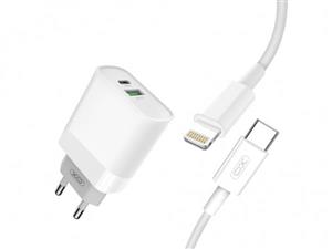 شارژر دیواری فست شارژ تایپ‌سی و یواس‎بی همراه کابل لایتنینگ ایکس‌او XO 18W FAST EU QC3.0+PD FAST charger with type-c fast cable iphon L64