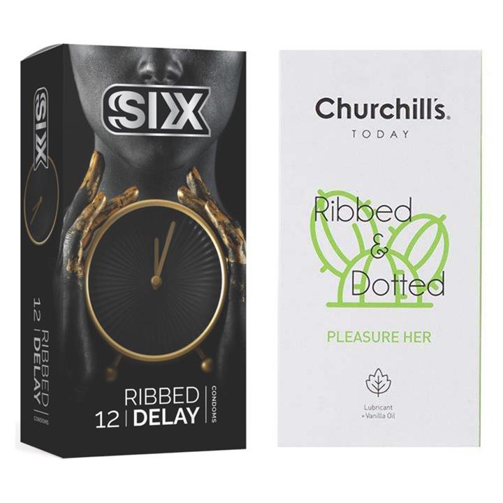 کاندوم چرچیلز مدل Pleasure Her بسته 12 عددی به همراه کاندوم سیکس مدل تاخیری شیاردار بسته 12 عددی