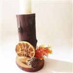 شمعدان چوبی روستیک با تزیینات بلوط و پرتقال خشک و برگ پاییزی کد 376