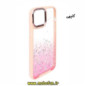 قاب گوشی iPhone 13 Pro آیفون طرح اکلیلی رزینی پشت طلق شفاف دور سیلیکونی متال کیس Metal Case گلبهی کد 84 