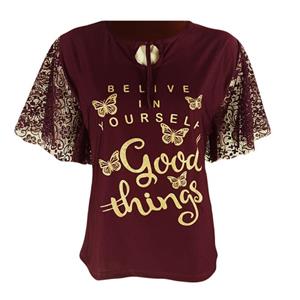 بلوز آستین کوتاه زنانه مدل پروانه رنگ بادمجانی