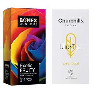کاندوم چرچیلز مدل Safe Touch بسته 12 عددی به همراه کاندوم بونکس مدل Exotic Fruity بسته 12 عددی