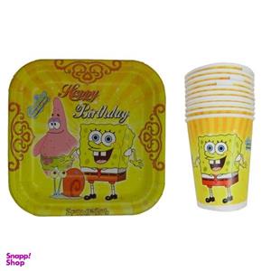 پیش دستی و لیوان یکبار مصرف مدل باب اسفنجی مجموعه 20 عددی