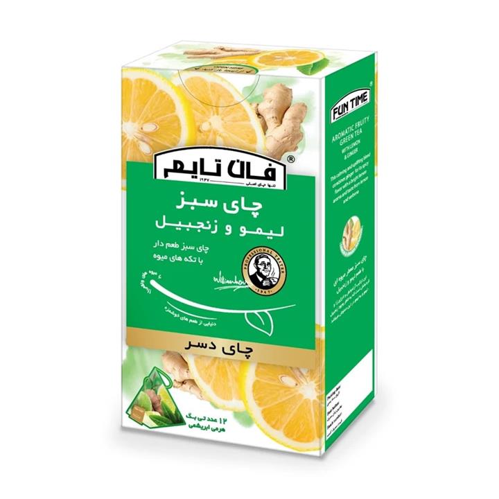 چای دسر سبز طعم دار با تکه های میوه لیمو و زنجبیل فان تایم بسته 12 عددی