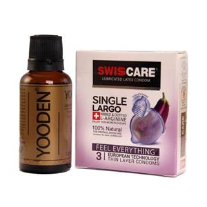 کاندوم سوئیس کر مدل Single Largo بسته 3 عددی به همراه روغن یودن مدل AP 30 حجم 30 میلی لیتر