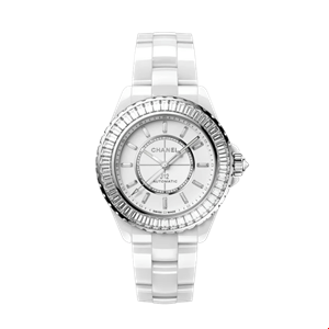 ساعت مچی زنانه مردانه سرامیکی الماس نشان شنل فرانسه CHANEL J12 BAGUETTE DIAMANTLÜNETTE UHR KALIBER 12.1, 38 MM H7431