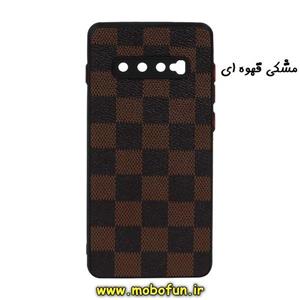 قاب گوشی Galaxy S10 Plus سامسونگ طرح چرمی شطرنجی دور سیلیکونی محافظ لنز دار مشکی قهوه ای کد 59