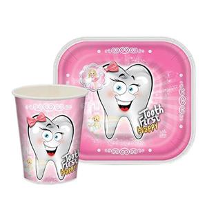 بشقاب و لیوان یکبار مصرف مدل تم دندونی مجموعه 24 عددی