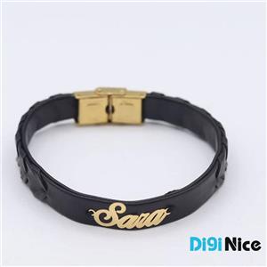 دستبند چرمی طرح Sara سارا با پلاک طلا 18 عیار کد DN-B0080