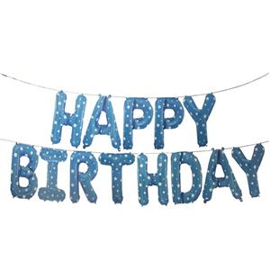 بادکنک فویلی happy birthday - آبی طرح دار - 16 اینچ ( همراه روبان ) 