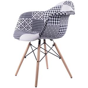 صندلی دسته دار با رویه پارچه کتان کروماتیک مدل Black White Patchwork Armchair Wood Legs KromatiK Black White Patchwork Armchair Wood Legs Chair