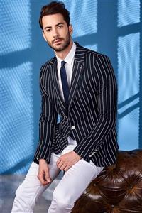 کت خط دار   سورمه ای مردانه 3998094C31525753974 Sateen Men