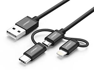 کابل شارژ و انتقال داده سه سر میکرو یو اس بی و تایپ سی و لایتنینگ یوگرین Ugreen 3 in1 USB Cable With MFI Certificated Lightning 