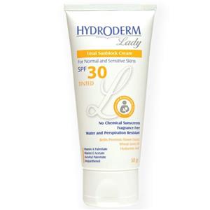 کرم ضد آفتاب هیدرودرم سری Lady SPF30 وزن 50 گرم کرم ضد آفتاب گیاهی spf 30 فاقد جاذبهای شیمیائی هیدرودرم
