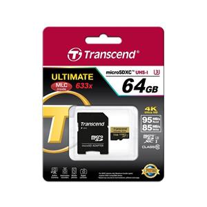 کارت حافظه microSDXC ترنسند مدل Ultimate کلاس 10 استاندارد UHS-I U3 سرعت 95MBps 633X همراه با آداپتور SD ظرفیت 64 گیگابایت