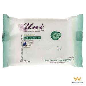 دستمال مرطوب یونی لد مدل Dry And Sensitive Skin بسته 20 عددی Uni Led Dry And Sensitive Skin Make Up Remover Wet Wipes 20Pcs
