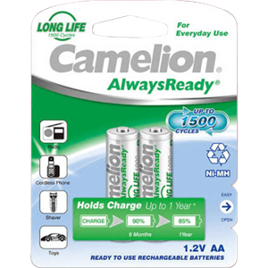 باتری قلمی قابل شارژ کملیون مدل AlwaysReady با ظرفیت 2500 میلی آمپر ساعت بسته‌ 2 عددی Camelion AlwaysReady 2500mAh Rechargeable AA Battery Pack of 2