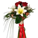 دسته گل طبیعی میتا مدل رز قرمز و لیلیوم اوریانتال شیری