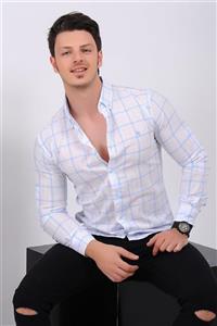 پیراهن مردانه فیروزه ای – سفید طرحدار کتان   Vavin -22859 