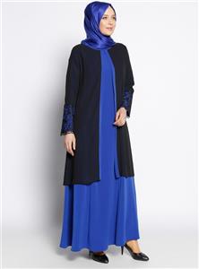 لباس مجلسی سایز بزرگ زنانه آبی – مشکی توری   Sevilay Giyim 276509