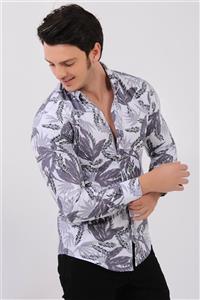 پیراهن مردانه طوسی – مشکی برگ طرحدار   Vavin -24024 