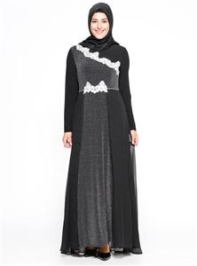 لباس مجلسی سایز بزرگ زنانه مشکی – نقره ای طرح گیپور    Burun 296892