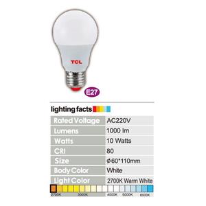 لامپ ال ای دی حبابی 10 وات  تی سی ال پایه E27 نوردهی 1000 لومن 