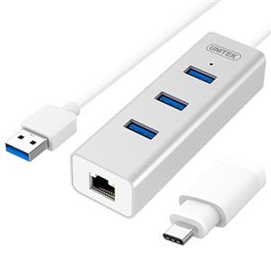 هاب USB 3.0 با تبدیل پورت شبکه و USB نوع C یونیتک مدل Y-3083B                                         Unitek Y-3083B USB 3.0 With Ethernet Converter And USB Type-C Hub