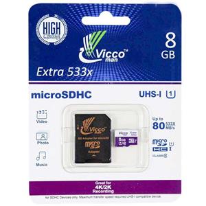 کارت حافظه microSDHC ویکو من مدل Extre 533X کلاس 10 استاندارد UHS-I U1 سرعت 80MBps ظرفیت 8 گیگابایت همراه با آداپتور SD Vicco Man Extre 533X UHS-I U1 Class 10 80MBps microSDHC Card With Adapter 8GB