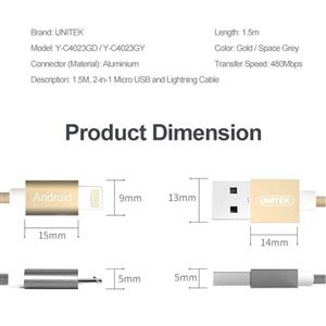 کابل تبدیل USB به لایتنینگ/Micro-USB یونیتک مدل Y-C4023GD طول 1.5 متر Unitek Y-C4023GD USB To Micro-USB/Lightning Cable 1.5m