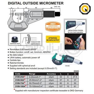 میکرومتر دیجیتال 75 100 Insize اینسایز مدل 3109 100A 