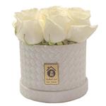 جعبه گل طبیعی کلبه گل مدل رز سفید هلندی استوانه ای 7 شاخه