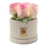 جعبه گل طبیعی کلبه گل مدل رز سفید لب صورتی هلندی استوانه ای 7  شاخه