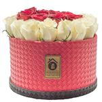 جعبه گل طبیعی کلبه گل مدل رز سفید و قرمز هلندی استوانه ای 25 شاخه