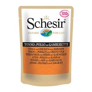 پوچ گربه شسیر schesir ماهی تن با فیله مرغ شاه میگو 100گرم Schesir Pouch Tuna Chicken With Shrimps 15785 Cat Food 