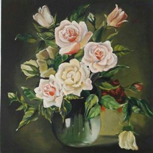 نقاشی از گلدان شیشه ای با گل های خوشگل سفید  