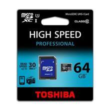 کارت حافظه microSDXC توشیبا مدل High Speed Professional کلاس 10 استاندارد UHS-I U1 سرعت 30MBps همراه با آداپتور SD ظرفیت 64 گیگابایت Toshiba High Speed Professional UHS-I U1 Class 10 30MBps microSDXC With Adapter - 64GB