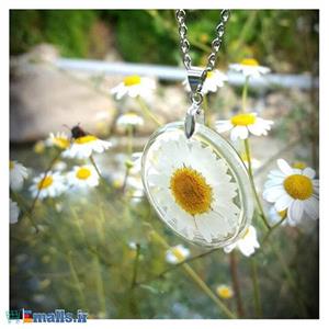نیم ست گردنبند و گوشواره دست ساز حاوی گل مینای طبیعی کد 5399 Nature Sign Handmade necklace earrings set with natural Chrysanthemum paludosum 